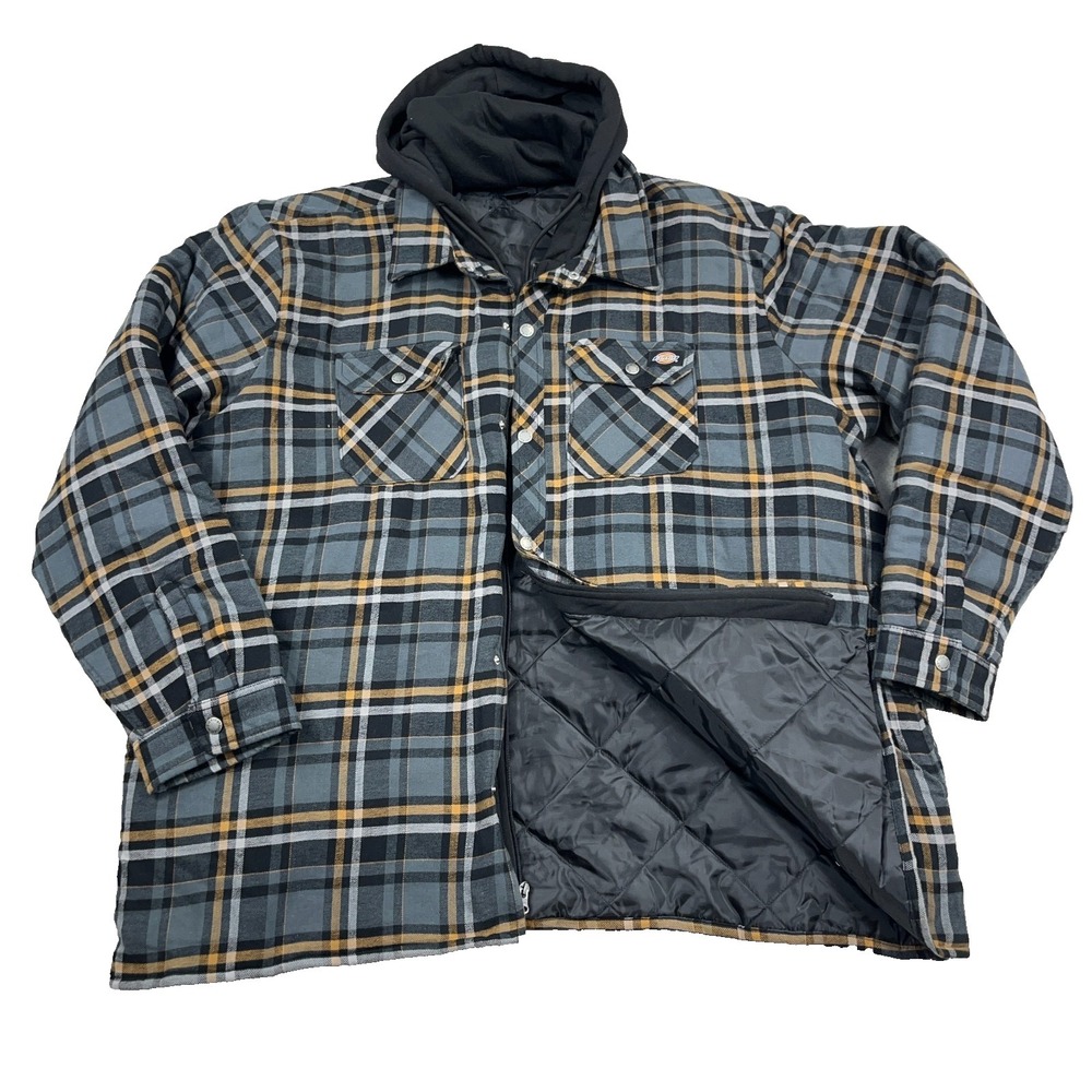 Dickies Shacket Men 3XL Gray Black Flannel Shirt Jacket Hooded Blanket Lined